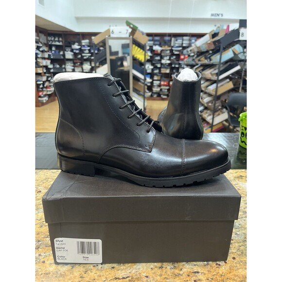 The Men's Store at Bloomingdale's Lace Up Cap Toe Boots Sz 9.5 Black Leather - Picture 1 of 6